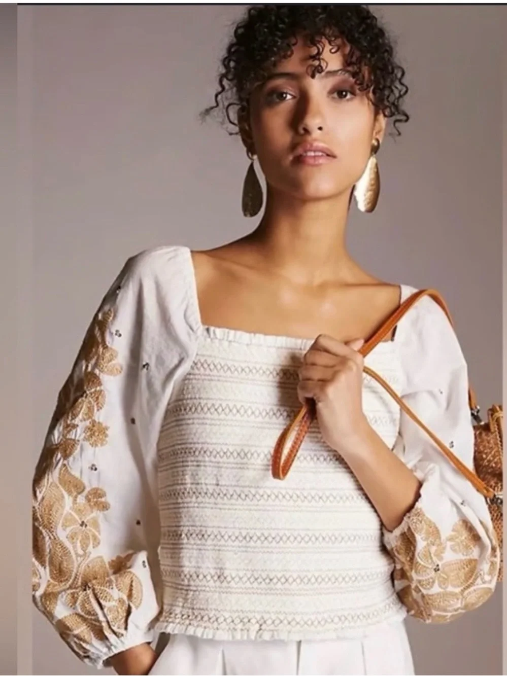 Anthropologie Smocked Embroidered Puff Sleeve Square Neck Top Peasant Blouse